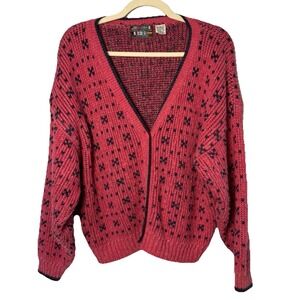 VTG 80's V-Neck Button Cardigan Paris Sport Club Pink / Navy‎ Sz Large